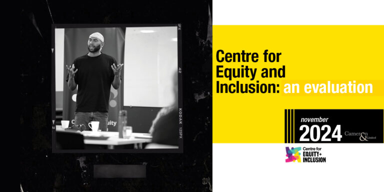 Cover page of Centre for Equity and Inclusion evaluation report. On left, there is an image of a man presenting.